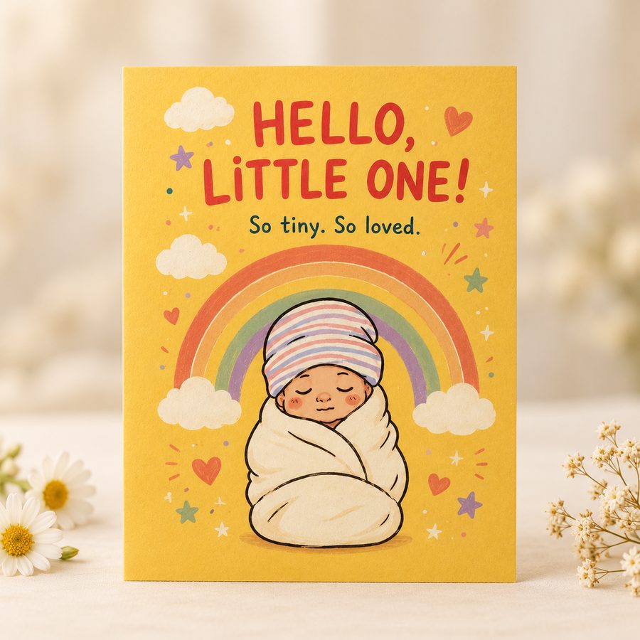 Yellow baby card with a swaddled newborn under a rainbow, reading 'Hello, Little One! So tiny. So loved.'