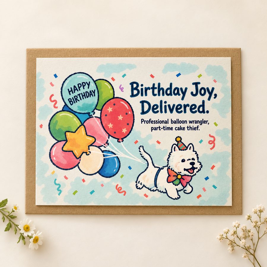 Birthday card with a white puppy in a party hat holding colorful balloons, reading 'Birthday Joy, Delivered.'