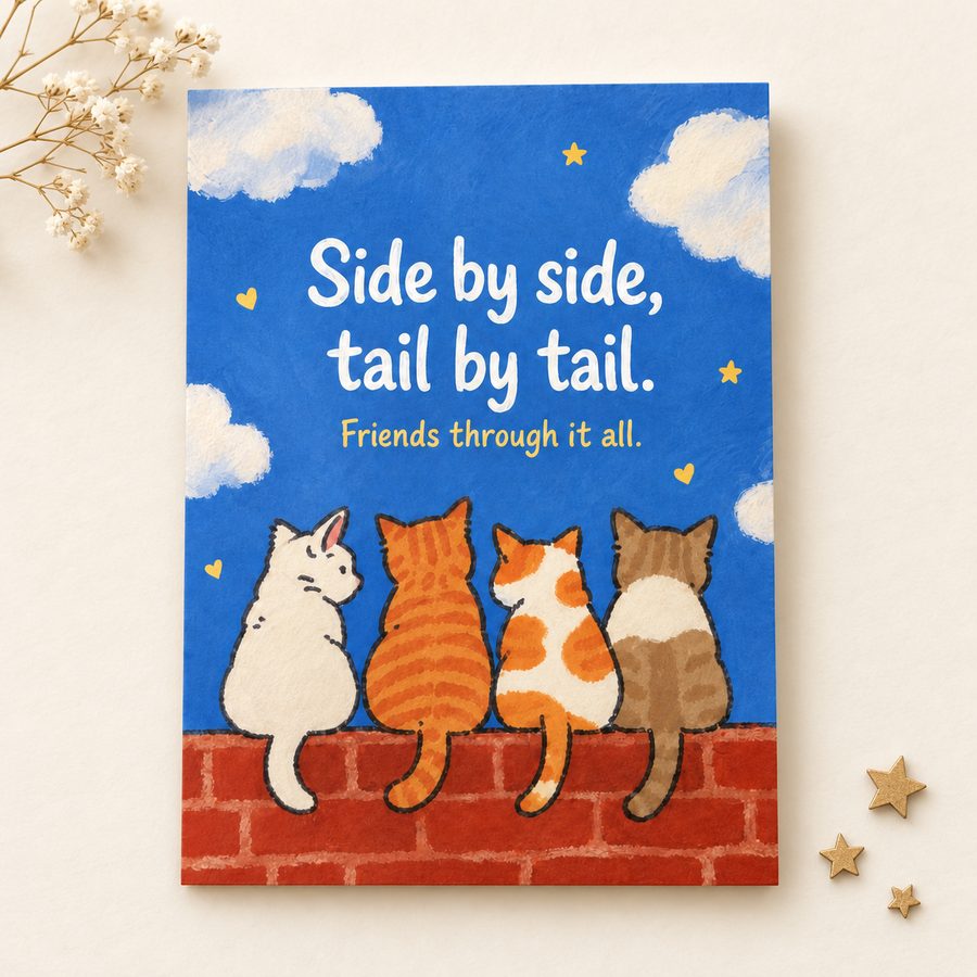 Greeting card with four cats sitting on a brick wall under a blue sky, reading 'Side by side, tail by tail. Friends through it all.'